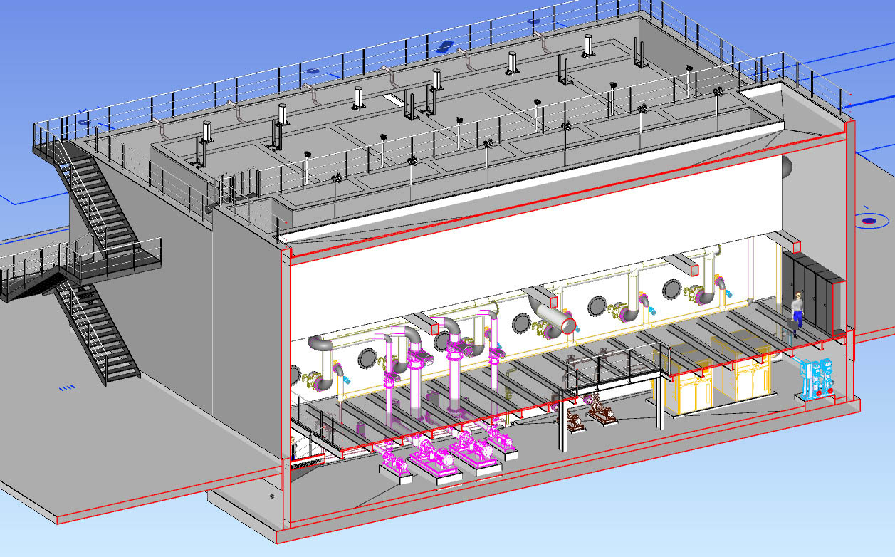 3D-Modell einer Kläranlagen-Erweiterung mit Filterstufen, Rohrleitungen und Technikräumen für die vierte Reinigungsstufe