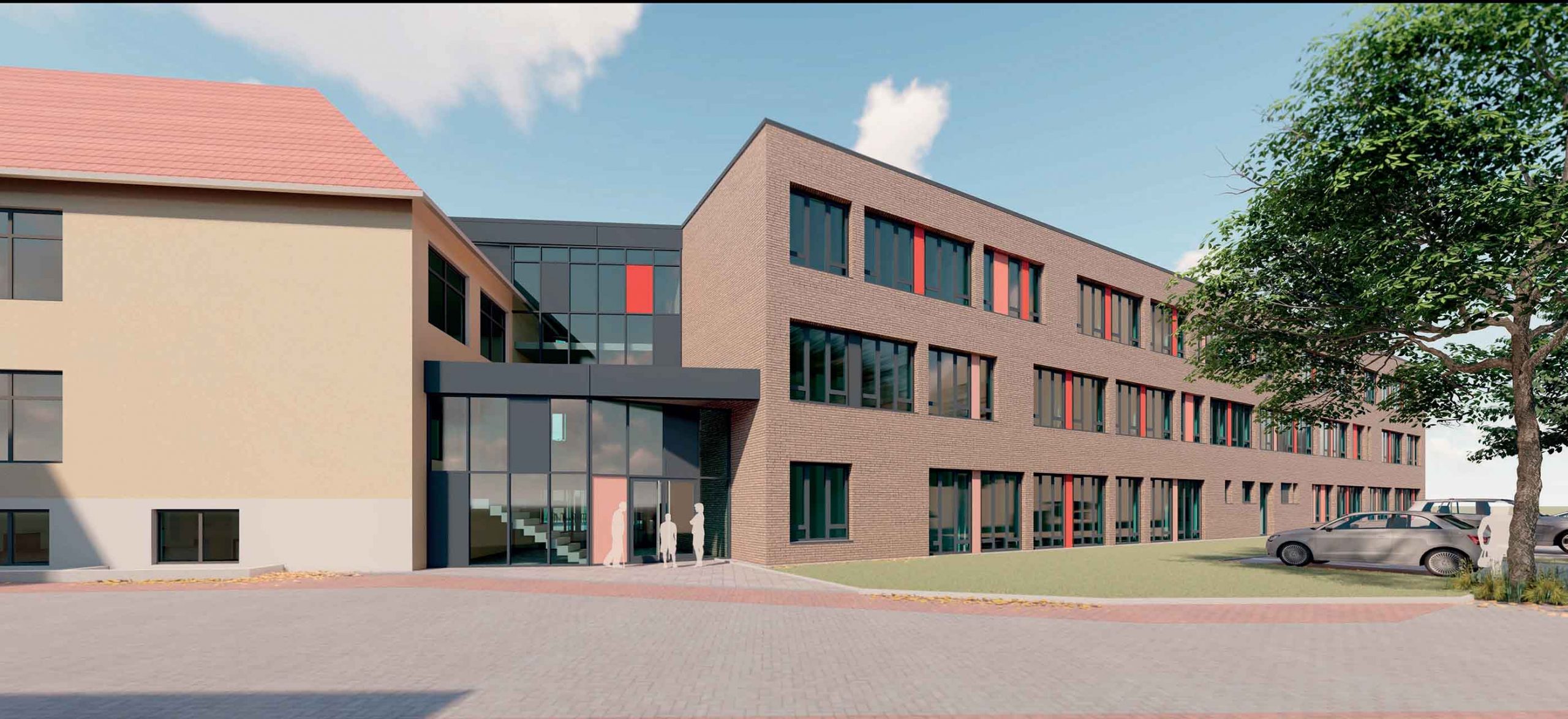 Visualisierung des Neubaus und der Sanierung einer Grundschule mit moderner Fassade, Eingangsbereich und Schulhof