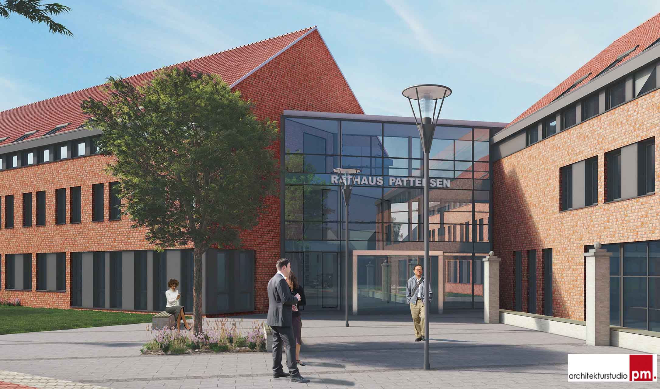 Visualisierung des neuen Rathauses Pattensen mit Glasfassade, Backsteinfassade und Vorplatz