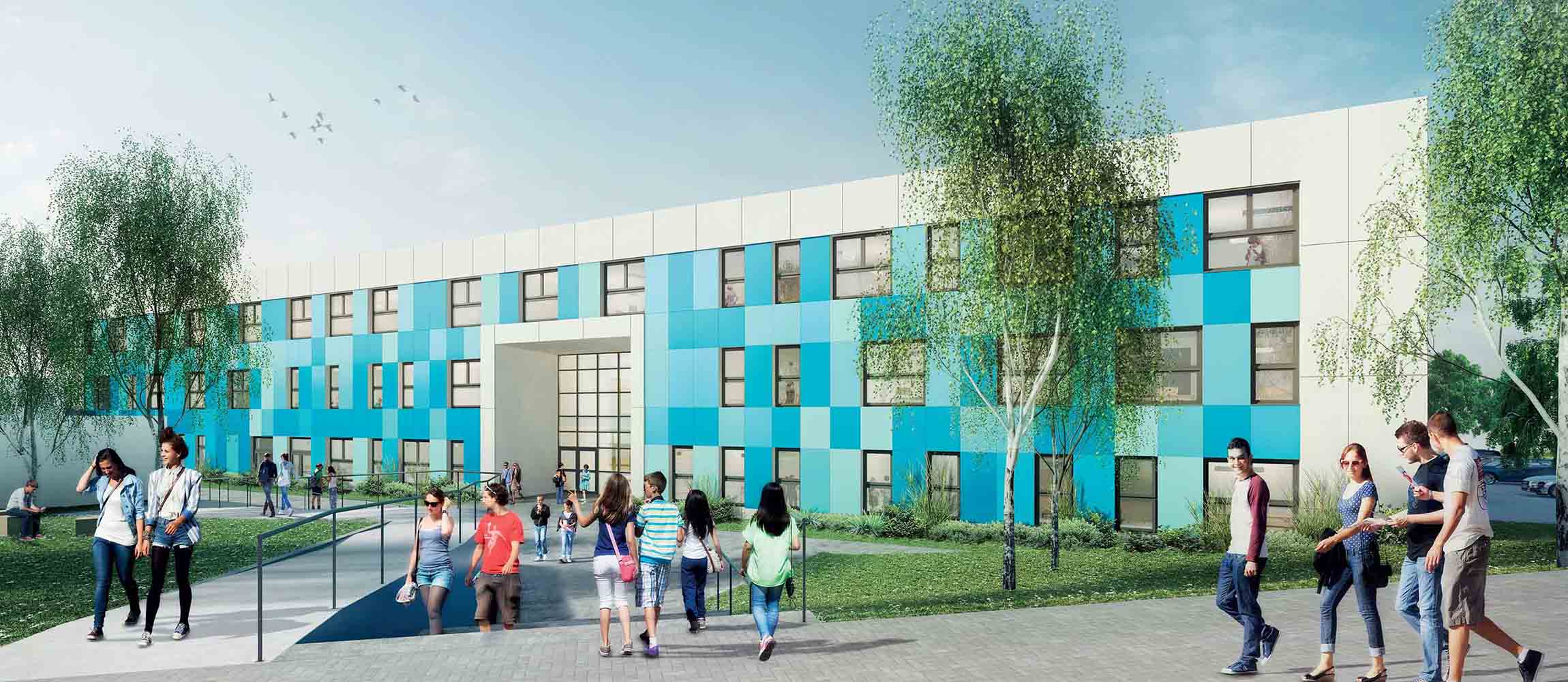 Visualisierung des neuen SEK-I-Campus in Bremervörde mit moderner Schulfassade, Eingangsbereich und Außenanlage