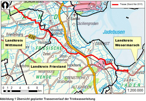 Karte mit geplantem Trassenverlauf einer Trinkwasser-Transportleitung zwischen Sandelermöns und Diekmannshausen
